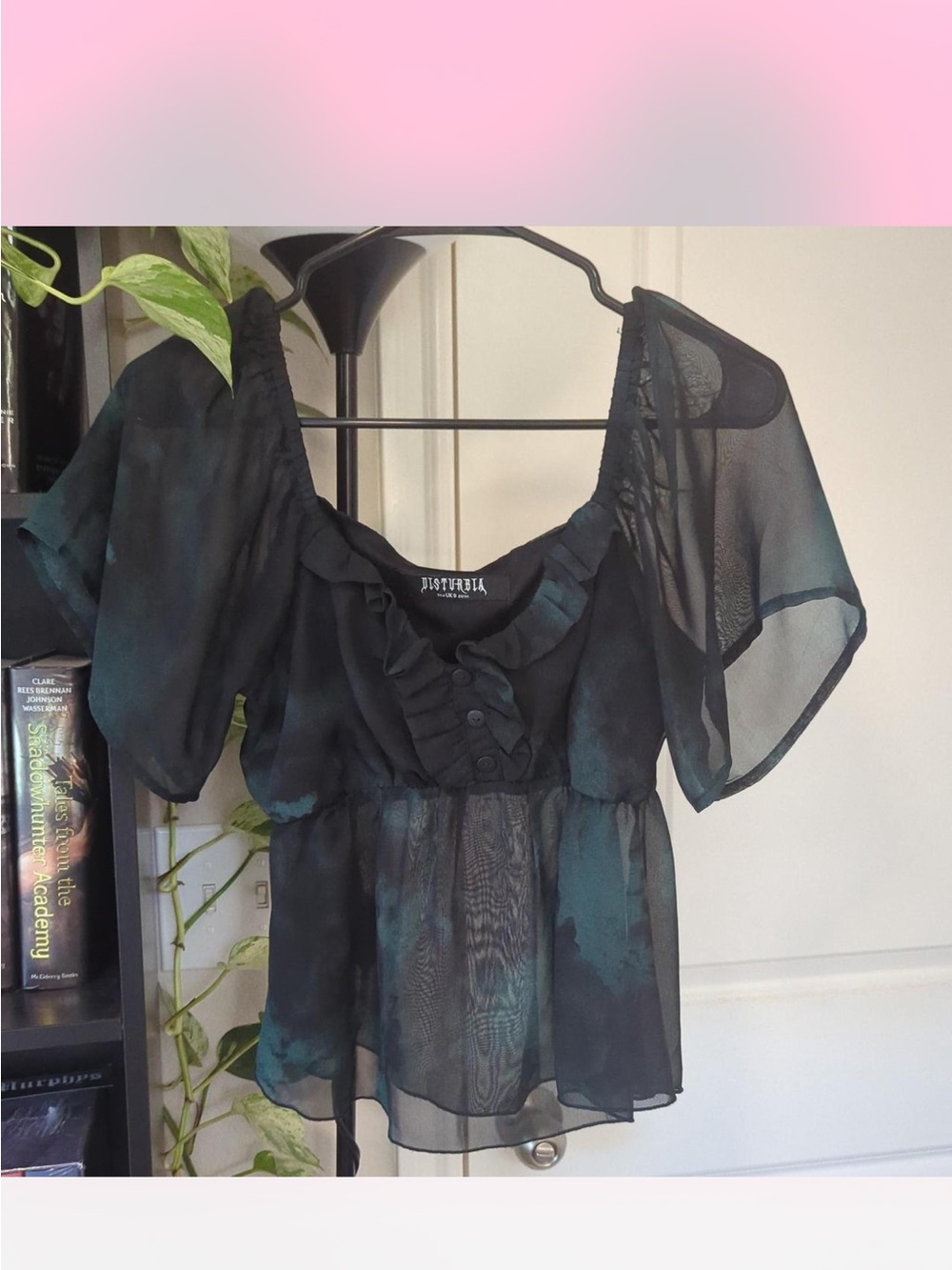 Disturbia Semi-Sheer Black & Teal Women's Peasant Blouse
